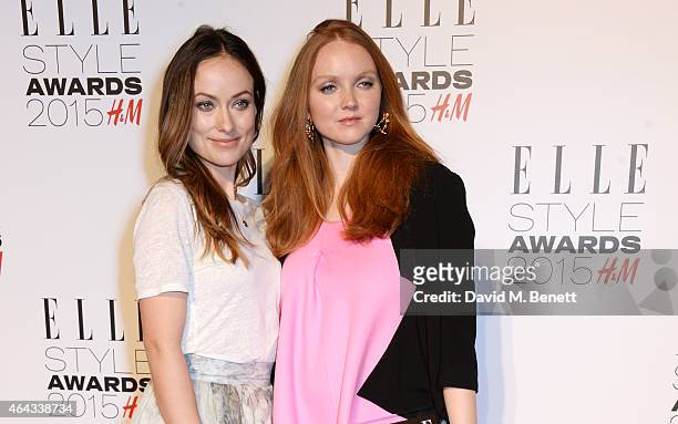 Presenter Olivia Wilde and Lily Cole, winner of the H&M Conscious Award, pose in the Winners Room at the Elle Style Awards 2015 at Sky Garden @ The...