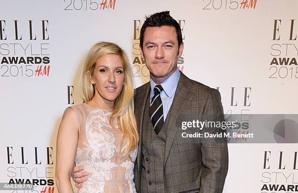 Presenter Ellie Goulding and Luke Evans, winner of the Actor of the Year award, pose in the Winners Room at the Elle Style Awards 2015 at Sky Garden...