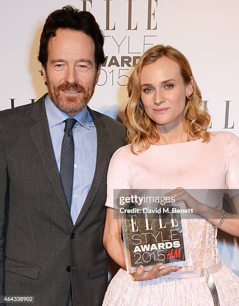 Presenter Bryan Cranston and Diane Kruger, winner of the Film Actress of the Year award, pose in the Winners Room at the Elle Style Awards 2015 at...