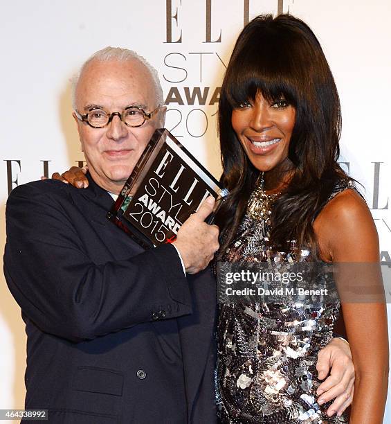 Manolo Blahnik , winner of the Lifetime Achievement Award, and presenter Naomi Campbell pose in the Winners Room at the Elle Style Awards 2015 at Sky...