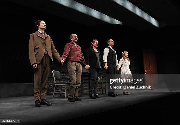 Ben Rosenfield, Peter Friedman, Meritt Wever, Frank Wood and Sophia Anne Caruso onstage at "The Nether" Opening Night at Lucille Lortel Theatre on...