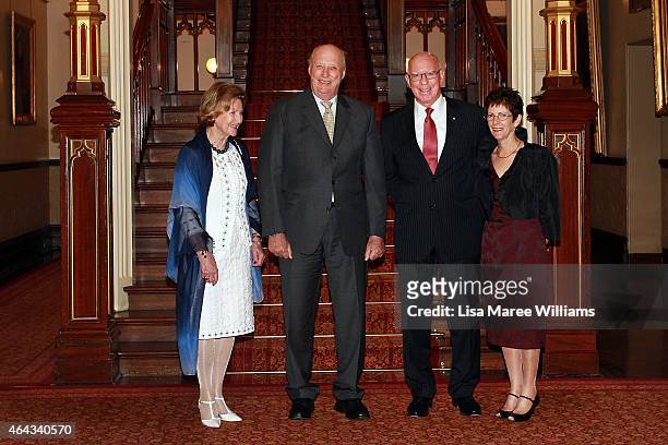 King Harald V of Norway and Queen Sonja of Norway pose with NSW Governor, David Hurley and Linda Hurley at NSW Government House on February 25, 2015...