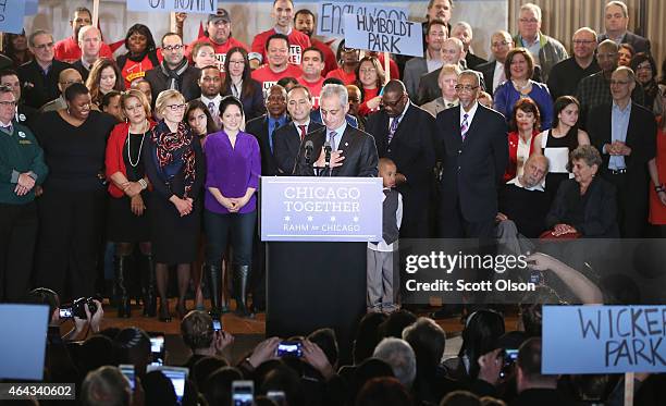 Chicago Mayor Rahm Emanuel greets supporters at an election day rally February 24, 2015 in Chicago, Illinois. Emanuel was hoping to win re-election...
