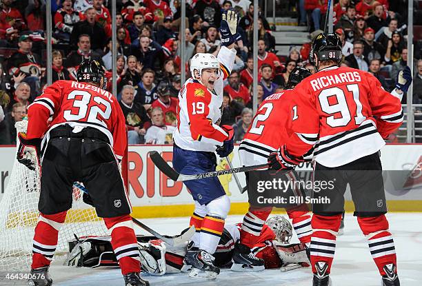 Scottie Upshall of the Florida Panthers reacts after the Panthers scored to tie the game against the Chicago Blackhawks in the third period during...