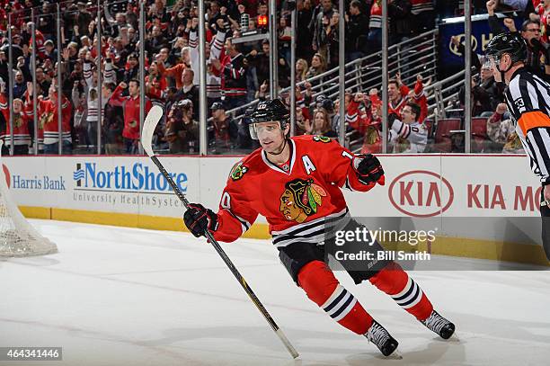 Patrick Sharp of the Chicago Blackhawks reacts after scoring in the shoot-out against the Florida Panthers during the NHL game at the United Center...