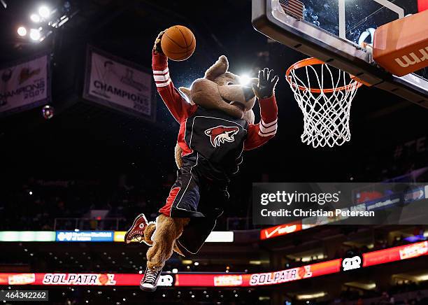 Arizona Coyotes mascot "Howler" performs a slam dunk during the NBA game between the Phoenix Suns and the Portland Trail Blazers at US Airways Center...