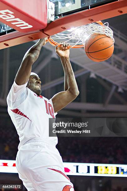 Bobby Portis of the Arkansas Razorbacks dunks the ball during a game against the Texas A&M Aggies at Bud Walton Arena on February 24, 2015 in...