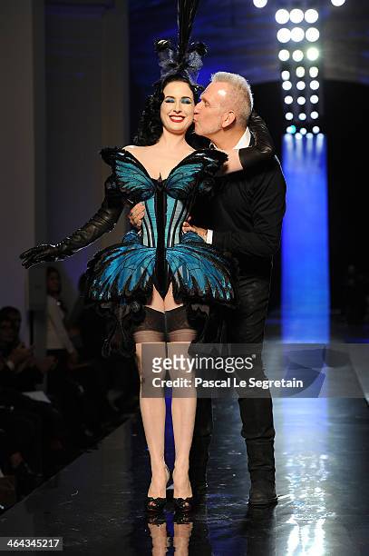 Fashion designer Jean Paul Gaultier kisses Dita Von Teese at the finale of Jean Paul Gaultier show as part of Paris Fashion Week Haute Couture...