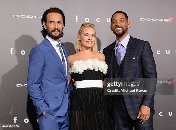 Actors Rodrigo Santoro, Will Smith and Margot Robbie attend the Los Angeles Premiere of "Focus" Sponsored By Dodge at TCL Chinese Theatre on February...