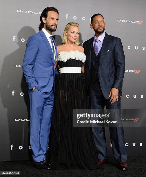 Actors Rodrigo Santoro, Will Smith and Margot Robbie attend the Los Angeles Premiere of "Focus" Sponsored By Dodge at TCL Chinese Theatre on February...