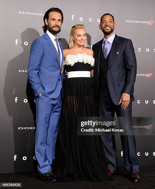 Actors Rodrigo Santoro, Will Smith and Margot Robbie attend the Los Angeles Premiere of "Focus" Sponsored By Dodge at TCL Chinese Theatre on February...