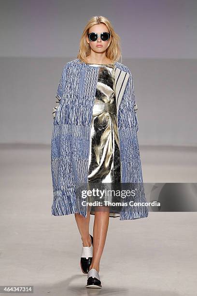 Model walks the runway during the Tokyo Runway Meets New York Runway show during Mercedes-Benz Fashion Week Fall 2015 at The Salon at Lincoln Center...