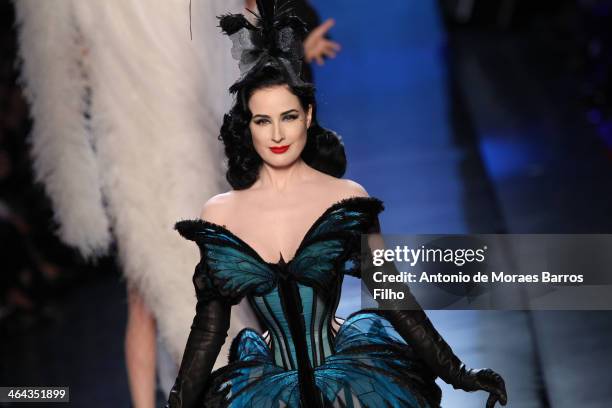 Dita Von Teese walks the runway during Jean Paul Gaultier show as part of Paris Fashion Week Haute Couture Spring/Summer 2014 on January 22, 2014 in...