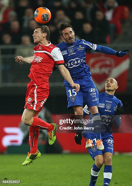 David Ducourtioux of Valenciennes and Julian Palmieri of Bastia in action during the french Ligue 1 match between Valenciennes FC and SC Bastia at...