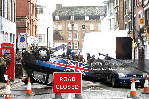 Action from the set of TV series 24 on January 22, 2014 in London, England.