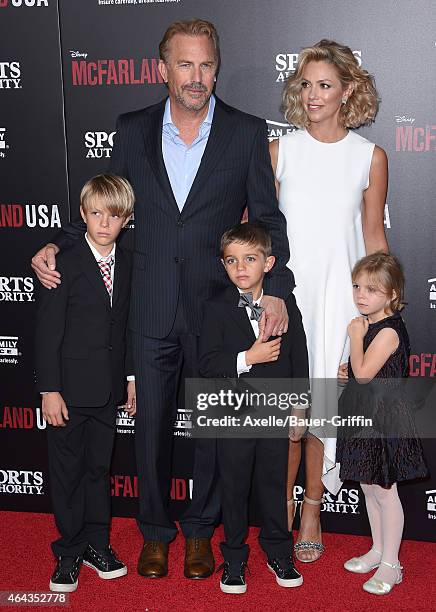 Actor Kevin Costner, wife Christine Baumgartner and children Grace Avery Costner, Hayes Logan Costner and Cayden Wyatt Costner arrive at the World...