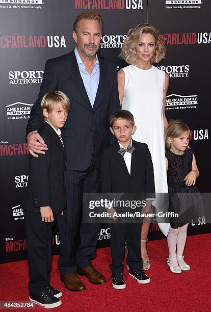 Actor Kevin Costner, wife Christine Baumgartner and children Grace Avery Costner, Hayes Logan Costner and Cayden Wyatt Costner arrive at the World...