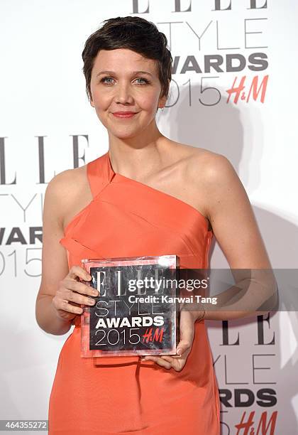 Maggie Gyllenhaal, winner of the TV Actress of the Year award, poses in the Winners Room at the Elle Style Awards 2015 at Sky Garden @ The Walkie...