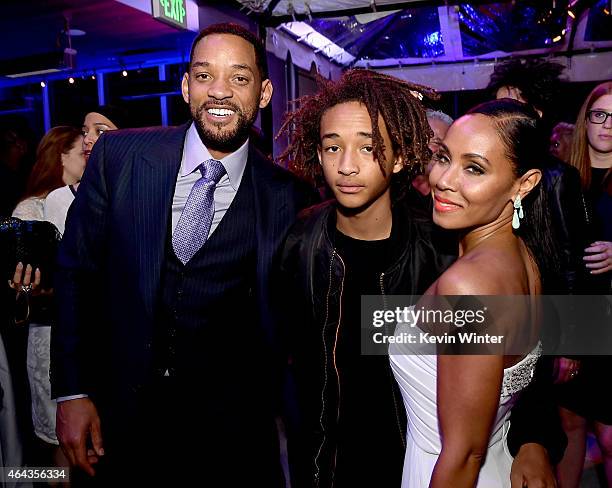 Actors Will Smith, son Jaden Smith and his wife Jada Pinkett Smith pose at the after party for the premiere of Warner Bros. Pictures' "Focus" at the...