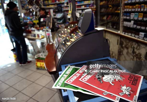 The latest edition of French satirical weekly newspaper Charlie Hebdo is pictured at a newstand in Montpellier on February 25, 2015. More than a...