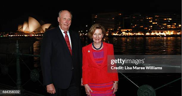 King Harald V and Queen Sonja of Norway pose at Circular Quay after attending the Museum of Contemporary Art, Foundation Hall where Queen Sonja's art...