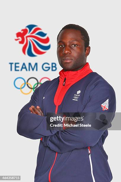 Lamin Deen of Team GB Bobsleigh poses at the Team GB Kitting Out ahead of Sochi Winter Olympics on January 21, 2014 in Stockport, England.