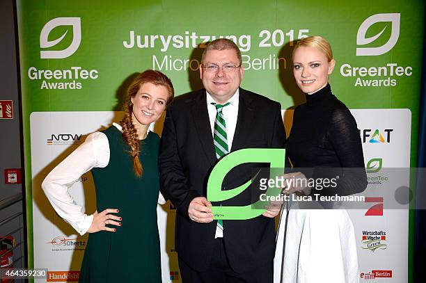 Nina Eichinger; Henrik Tesch and Franziska Knuppe attends the GreenTec Awards Jury Meeting 2015 at Microsoft Berlin on February 25, 2015 in Berlin,...