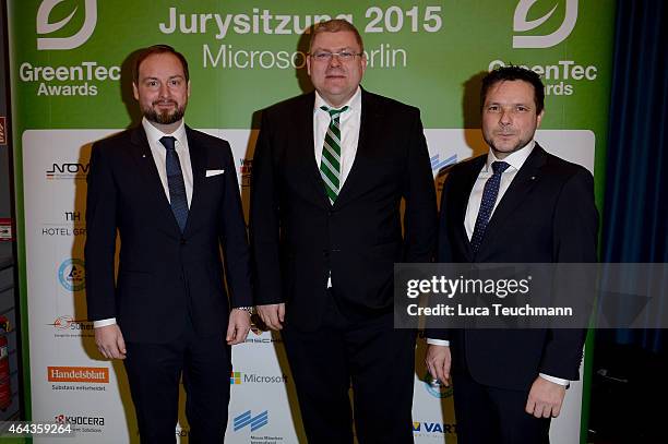 Marco Voigt; Henrik Tesch and Sven Krueger attend the GreenTec Awards Jury Meeting 2015 at Microsoft Berlin on February 25, 2015 in Berlin, Germany.