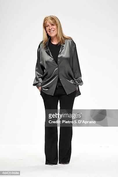 Designer Simonetta Ravizza acknowledges the applause of the audience on the runway at the Simonetta Ravizza show during the Milan Fashion Week...
