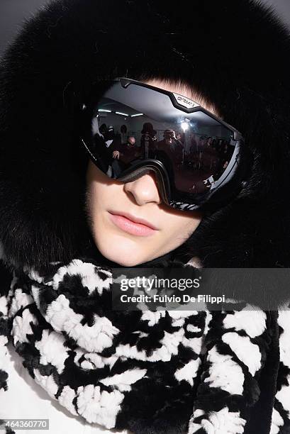 Model is seen backstage ahead of the Simonetta Ravizza show during the Milan Fashion Week Autumn/Winter 2015 on February 25, 2015 in Milan, Italy.