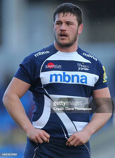 Marc Jones of Sale Sharks during the Aviva Premiership match between Sale Sharks and Saracens at the AJ Bell stadium on February 21, 2015 in Salford,...