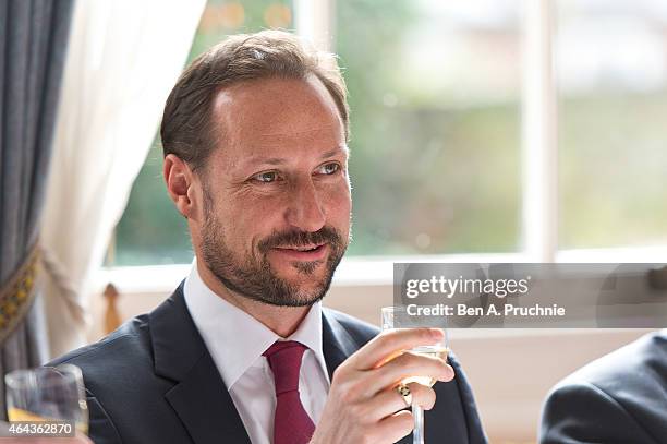 Prince Haakon Of Norway visits the Norwegian Embassy for a luncheon during a visit to London on February 25, 2015 in London, England.