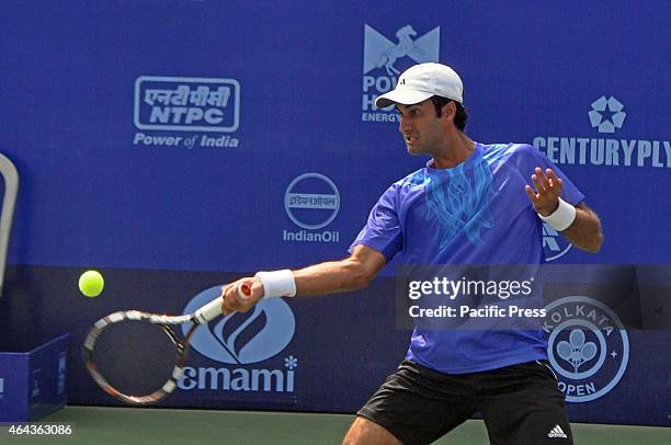 Indian tennis player, Yuki Bhambri in action against Spanish Tennis Player Enrique Lopez-Perez during the Emami Kolkata Open 2015 - ATP Challenger...