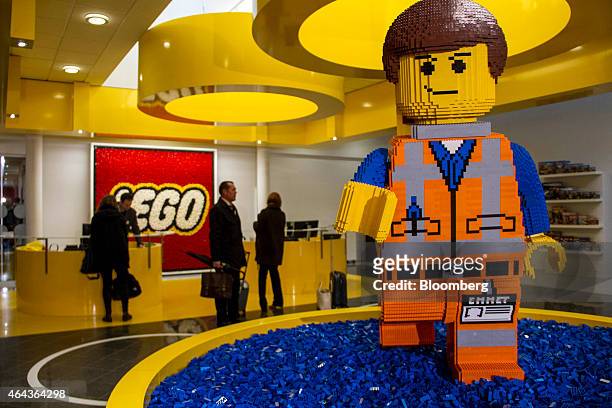 Lego brick figurine of Emmet Brickowoski, a character from "The Lego Movie", stands in the reception area at the headquarters of Lego A/S in Billund,...