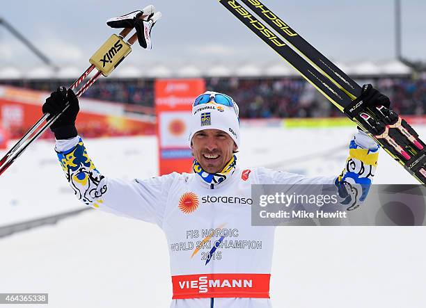 Johan Olsson of Sweden celebrates winning the gold medal in the Men's 15km Cross-Country during the FIS Nordic World Ski Championships at the Lugnet...