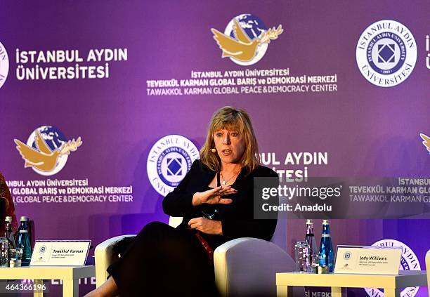 Nobel Peace Prize 1997 winner Jody William speaks during the Peace in the Middle East conference under the title of 'impact of war on women and...