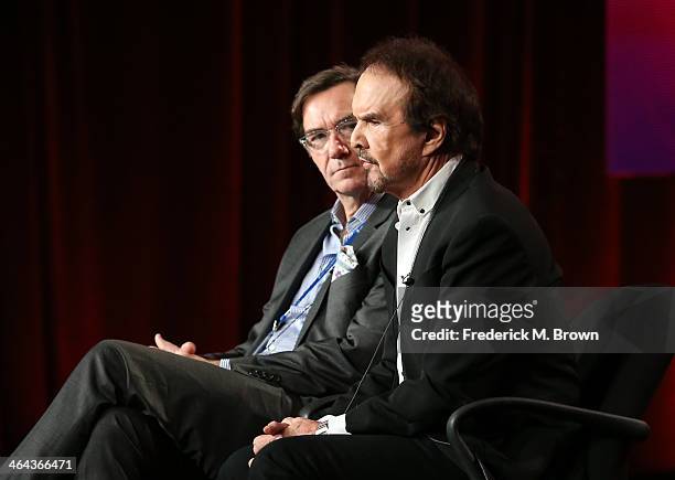 Stephen Segaller, WNET executive-in-charge, and Dave Clark, musician, songwriter and Rock and Roll Hall of Fame inductee, speak onstage during the...