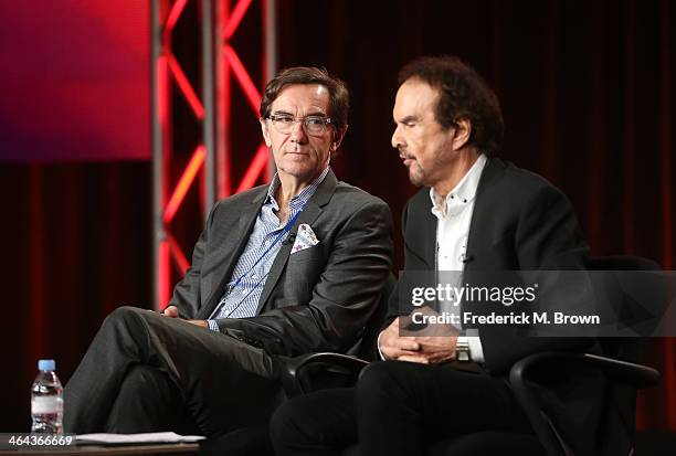 Stephen Segaller, WNET executive-in-charge, and Dave Clark, musician, songwriter and Rock and Roll Hall of Fame inductee, speak onstage during the...