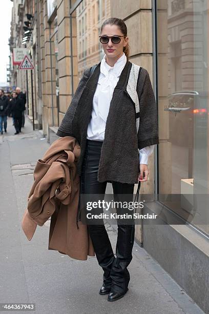Fashion consultant and model Sofia Sanchez Barrenechea wears Dramando jacket day 2 of Paris Haute Couture Fashion Week Spring/Summer 2014, on January...