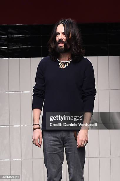 Italian Designer Alessandro Michele acknowledges the applause of the audience after the Gucci show during the Milan Fashion Week Autumn/Winter 2015...