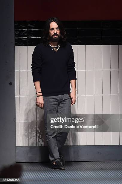 Italian Designer Alessandro Michele acknowledges the applause of the audience after the Gucci show during the Milan Fashion Week Autumn/Winter 2015...