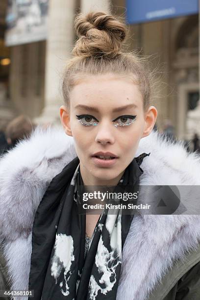 Model Ondria Hardin outside Chanel with Chanel Haute Couture make up day 2 of Paris Haute Couture Fashion Week Spring/Summer 2014, on January 21,...