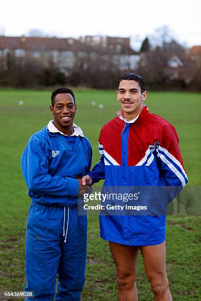 Crystal Palace strike force Ian Wright and Stan Collymore pictured at the Palace training ground in January, 1991 in London, England.
