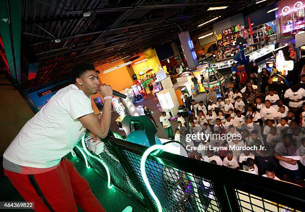 Metairie, LA Anthony Davis of the New Orleans Pelicans participates in his FLIGHT Academy's gaming activity on February 24, 2015 at Laser Tag in...