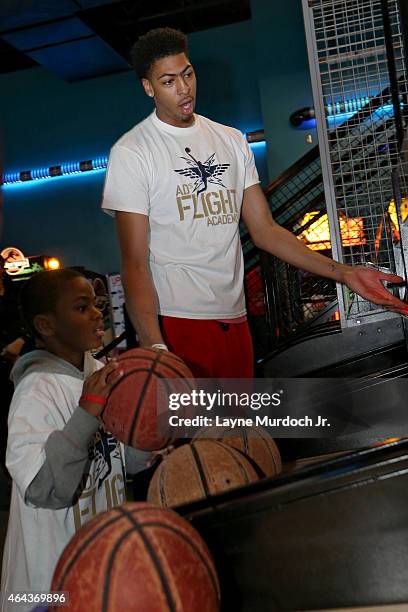 Metairie, LA Anthony Davis of the New Orleans Pelicans participates in his FLIGHT Academy's gaming activity on February 24, 2015 at Laser Tag in...