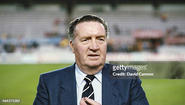 Scotland manager Jock Stein pictured before a Spain v Scotland 1986 FIFA World Cup Qualifier at the Estadio Sanchez Pizjuan on February 27, 1985 in...