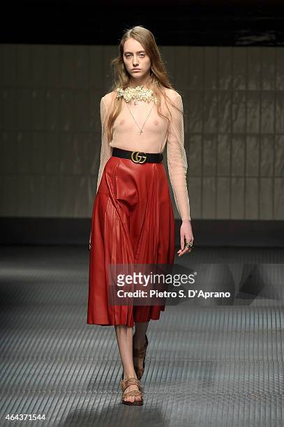 Model walks the runway at the Gucci show during the Milan Fashion Week Autumn/Winter 2015 on February 25, 2015 in Milan, Italy.