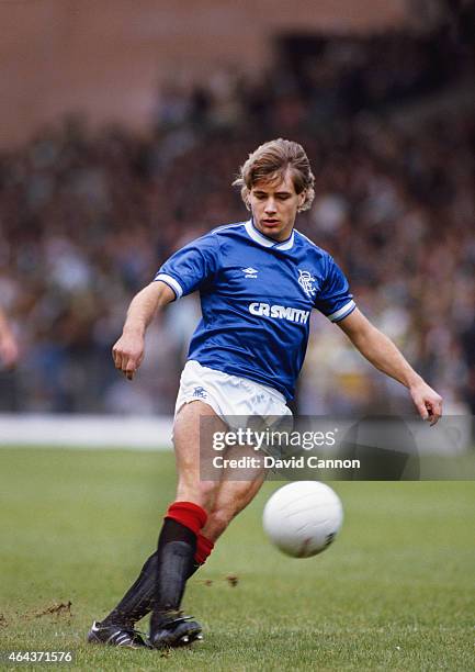 Rangers striker Ally McCoist in action during an Old Firm game at Celtic Park on August 31, 1985 in Glasgow, Scotland.