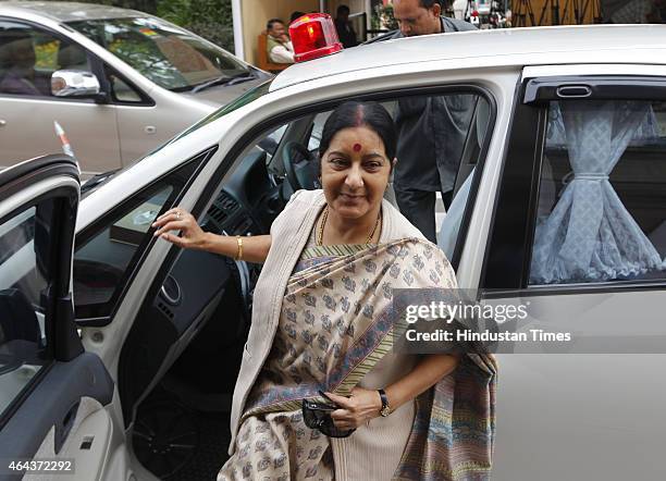 Union Minister of External affairs Sushma Swaraj arrives at the Parliament House during Budget session on February 25, 2015 in New Delhi, India....