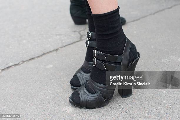 Fashion editor for Vogue Turkey, Ece Sukan wears Prada shoes day 2 of Paris Haute Couture Fashion Week Spring/Summer 2014, on January 21, 2014 in...